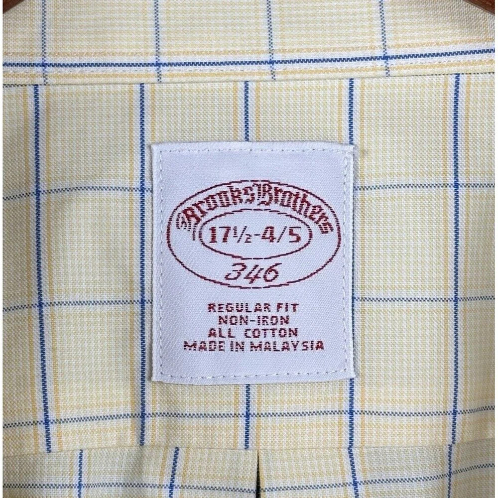 Brooks Brothers Men 17 1/2 - 4/5 Yellow Check Dress Shirt Regular Fit Cotton